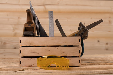 tools for working with wood. Carpenter. woodwork tools in wooden box
