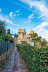 Naklejka premium Backstreet w malowniczej włoskiej miejscowości Portofino z widokiem na zamek Brown, region Liguria we Włoszech