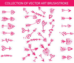 Collection of vector art brushstroke in the shape of arrows with hearts
