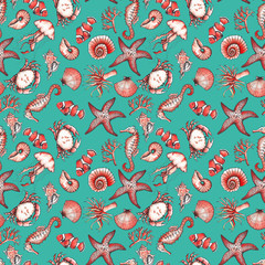 Ocean sea watercolor and graphic handpainted patterns with hand drawn corals and underwater...