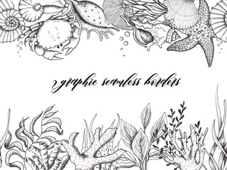 Watercolor and graphic handpainted marine monochrome and living coral seamless borders with ocean crab, starfish, seaweed, seashell