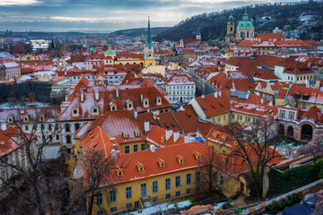 beautiful aerial scene of Prague city in winter, Czech Republic, Europe