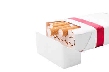 Open red pack of cigarettes isolated on white