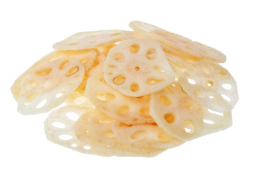 raw sliced lotus root ready for cooking isolated on white background, Asian food