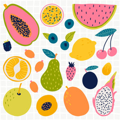 Vector food set for your design. Cute doodle illustration with fruit isolated on white background on white background.