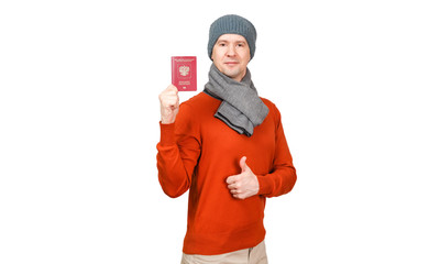 The Caucasian man with the international passport of the Russian Federation in warm clothes