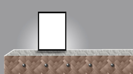Mock up poster door frame or framed above wooden table on the wall. © mirzamlk
