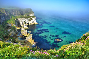 Beautiful coastline of white cliffs from the Magheracross viewpoint, Causeway Coast, Northern...
