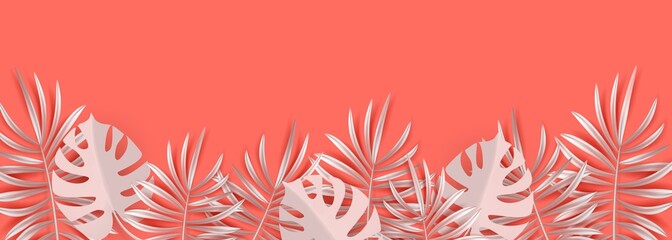 Fototapeta na wymiar Vector tropical horizontal banner with silvery palm and monstera leaves on living coral backdrop. Exotic hawaiian jungle design, summertime background. Pastel minimal style