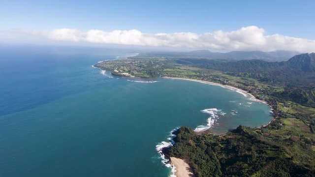 Helicopter tour of the Lumaha'i Beach and Hanalei bay on Na Pali coast in Hawaiian island of Kauai