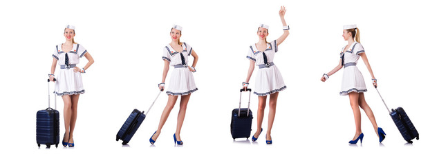 Fototapeta na wymiar Woman travel attendant with suitcase on white
