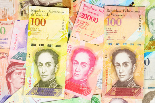 Venezuela bolivar banknotes, different bills of fuerte and soberano series. Venezuelan bolivar fuerte. beautiful colorful obverse side bolivares close up background.