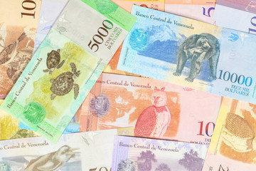 Old Venezuela bolivar banknotes, different bills of fuerte and soberano series. Venezuelan bolivar fuerte. beautiful colorful reverse side bolivares close up background.