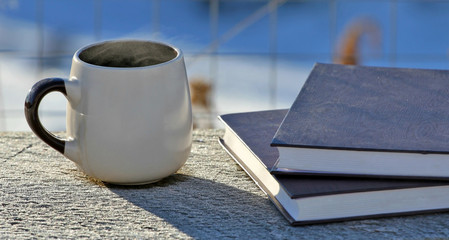 Books and hot coffee in the snow