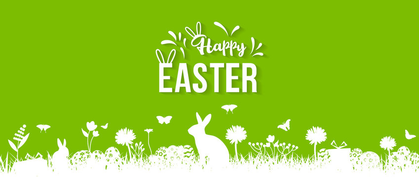 Happy easter image vector. Modern happy Easter background with colorful eggs, bunny, rubbit, and spring flower. Template Easter greeting card, vector.