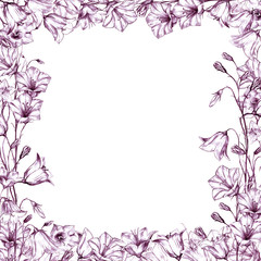 Hand drawn floral square frame with red graphic bluebell flowers on white background
