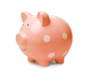 Cute pink piggy bank on white background. Money saving