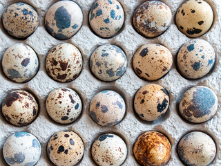Obraz premium Quail eggs in cardboard packaging. Top view.