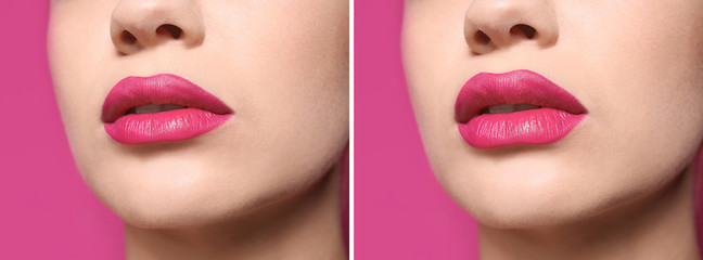 Beautiful young woman with perfect lips makeup on color background, closeup