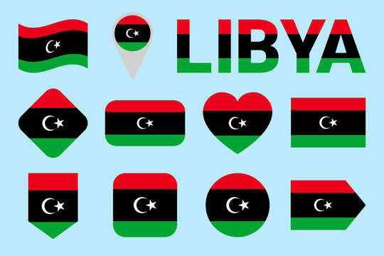 Libya flag vector set. Geometric shapes. Flat style. natioanl symbols collection. sports, national, travel, geographic, patriotic, design elements. isolated icons with state name.