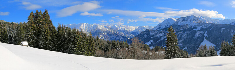 Fototapeta premium Allgäu - Panorama - Winter - Schnee - Alpen - Stadel