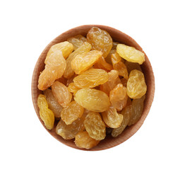 Bowl with raisins on white background, top view. Healthy dried fruit