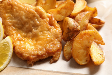 British traditional fish and potato chips, closeup