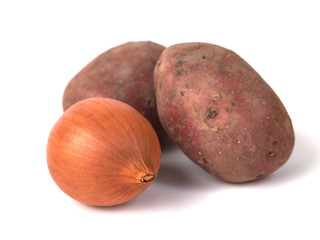 red sweet large potato and onion close up isolated on white background
