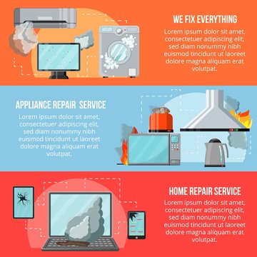 Modern flat repair service concept-damaged consumer electronics home appliances,vertical banners with copy space vector set.Broken household goods-small business flyer banner concepts, ready to use