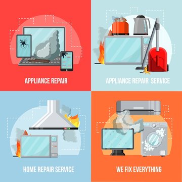 Modern flat repair service concept-damaged consumer electronics home appliances,vector banners set.Broken household goods-small business flyer banner concepts,ready to use copy space
