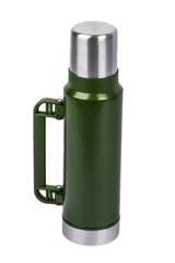 Metal thermos isolated on white. Front view of the thermo flask isolated on white.