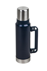 Metal thermos isolated on white. Front view of the thermo flask isolated on white.