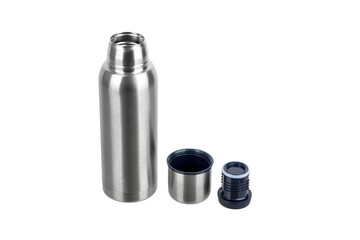 Metal thermos isolated on white. Front view of the thermo flask isolated on white.