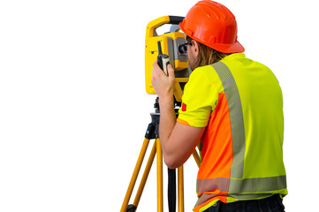 Working surveyor engineer in helmet with transmitter and his equipment isolated on white background