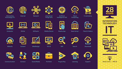 Information technology yellow glyph icon set on a dark violet background with IT network communications computing tech system, internet of things, e-commerce, social media, data center info pictogram.