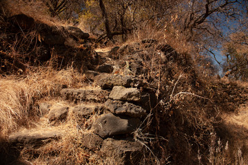 Ancient steps of year 1153 in terrace of pyramid buried in the chasm the hill of the speaker in a state of Mexico