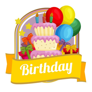 badge of delicious tart birthday with balloon