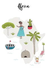Illustrierte Karte von Afrika mit lustigen handgezeichneten Charakteren, lokalen Pflanzen und Elementen. Farbvektorabbildung © Oksana Stepova