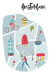 Illustrierte Karte von Amsterdam mit niedlichen und lustigen handgezeichneten Charakteren, Pflanzen und Elementen. Farbvektorabbildung © Oksana Stepova