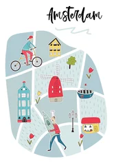 Illustrierte Karte von Amsterdam mit niedlichen und lustigen handgezeichneten Charakteren, Pflanzen und Elementen. Farbvektorabbildung © Oksana Stepova