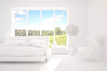 White stylish minimalist bedroom in hight resolution with summer landscape in window. Scandinavian interior design. 3D illustration