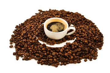 Cup of coffee and coffee beans.