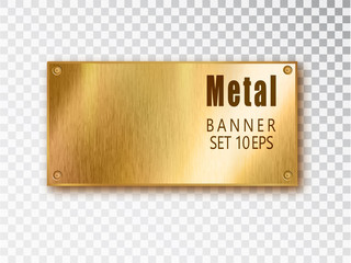 Metal gold banners realistic. Vector Metal brushed plates with a place for inscriptions isolated on transparent background. Realistic 3D design. Stainless steel background.