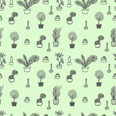 potted plants seamless pattern. Hand-drawn graphic vector illustration on light green background.