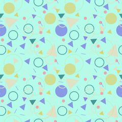 circles, triangles, lines abstract seamless pattern. turquoise vector background