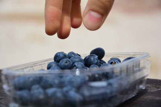 Woman's hand reaching for healthy blueberries or bilberries from a bowl