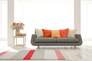 White stylish minimalist room in hight resolution with colorful sofa. Scandinavian interior design. 3D illustration