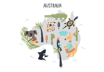 Animal World Map - mainland Australia. Cute hand drawn nursery print in scandinavian style. Vector illustration - 248715714
