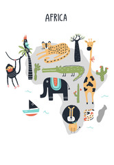 Animal World Map - mainland Africa. Cute hand drawn nursery print in scandinavian style. Vector illustration