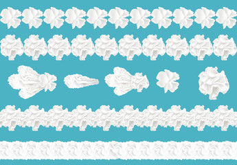Vector 3d realistic collection of seamless cream borders for cake, pie. Confectionery element in white color, isolated on blue background. Whipped milk product, yogurt twirls. Decoration for dessert.